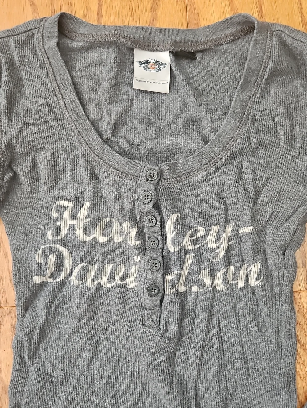 Vintage Y2K Harley Davidson Heather Gray Thermal Henley Long Sleeve Top XS